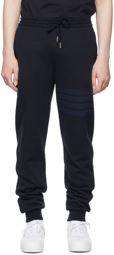 Photo: Thom Browne Navy Loopback 4-Bar Lounge Pants