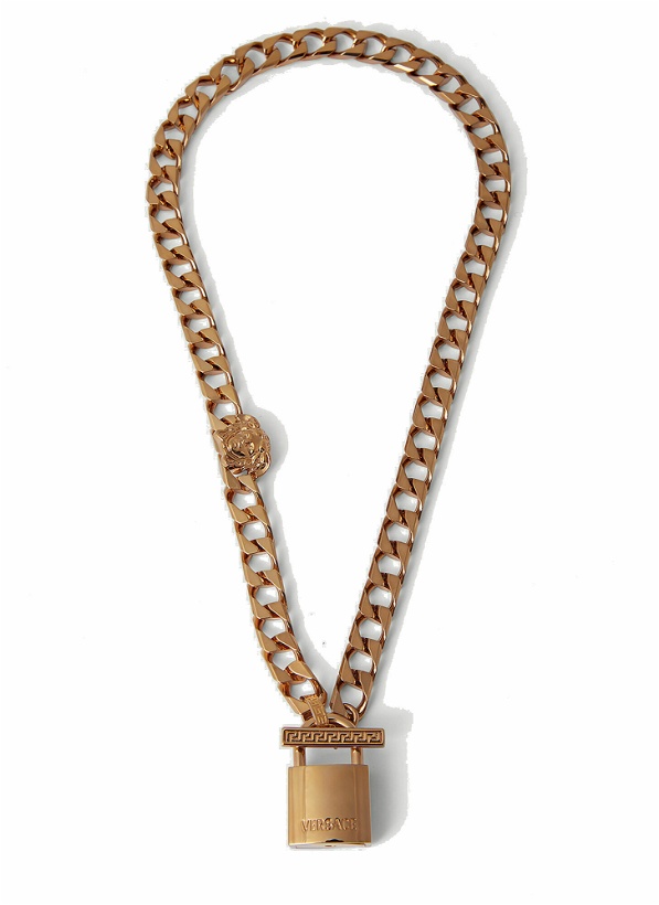 Photo: Versace - Logo Engraved Lock Necklace in Gold