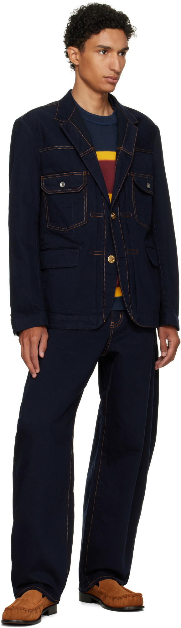 sacai Navy Notched Lapel Denim Blazer