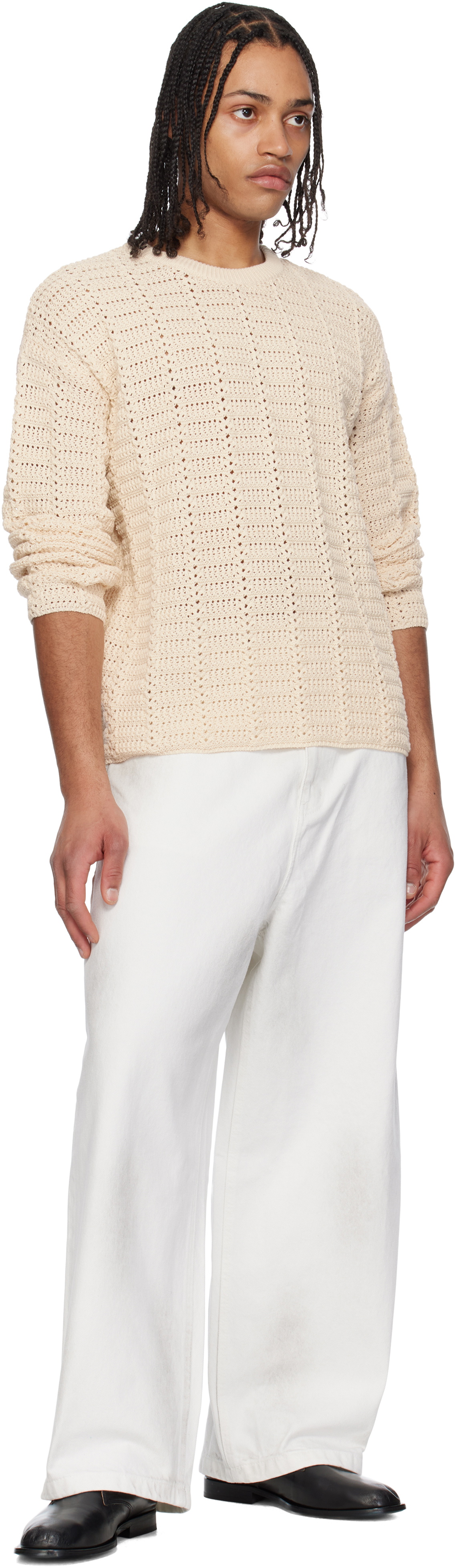 COOR Beige Cotton Crochet Pullover Knit Sweater