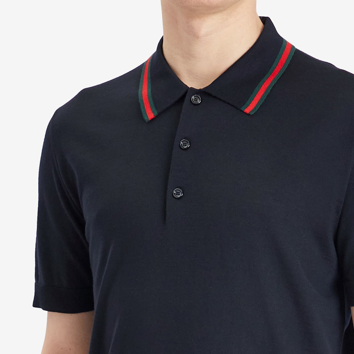 Gucci Men's Fine Gauge Wool Short Sleeve Polo Shirt in Ink/Green/Red