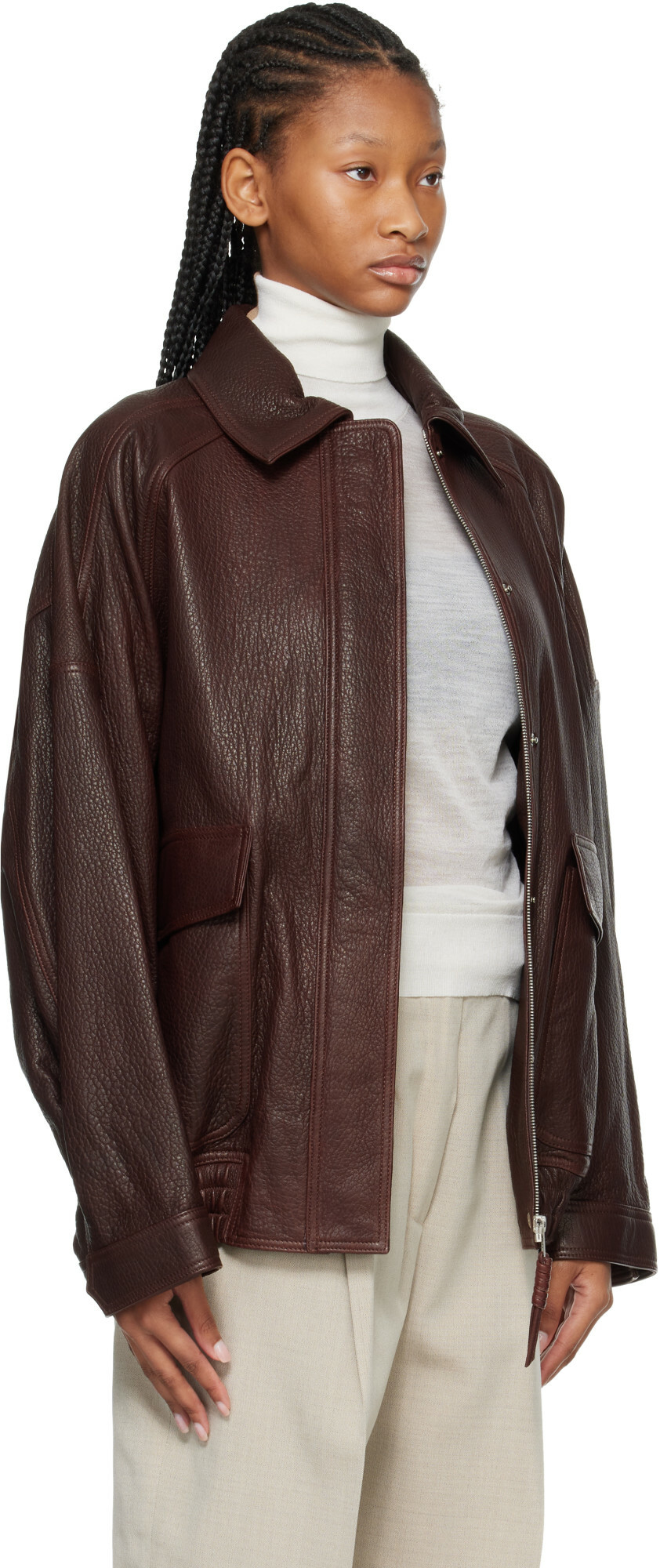 Róhe Brown Grain Leather Aviator Jacket