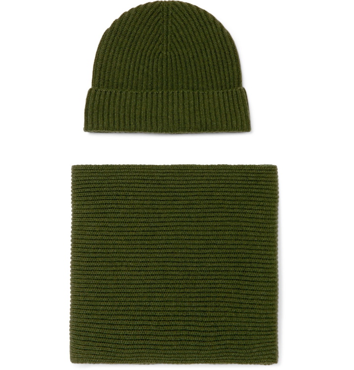 Photo: Johnstons of Elgin - Ribbed Cashmere Hat and Scarf Set - Green