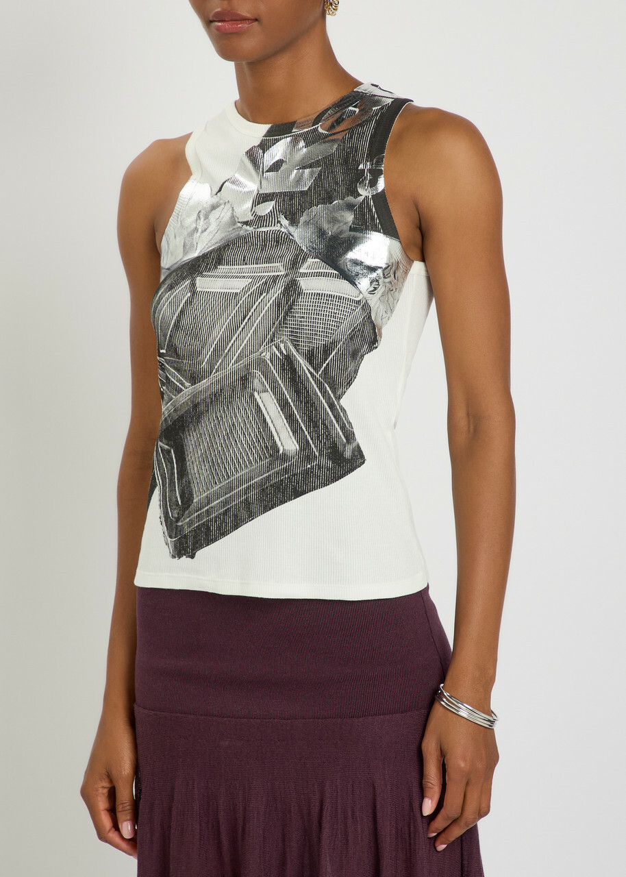 Rabanne Metallic-print Stretch-cotton Tank top White And Black