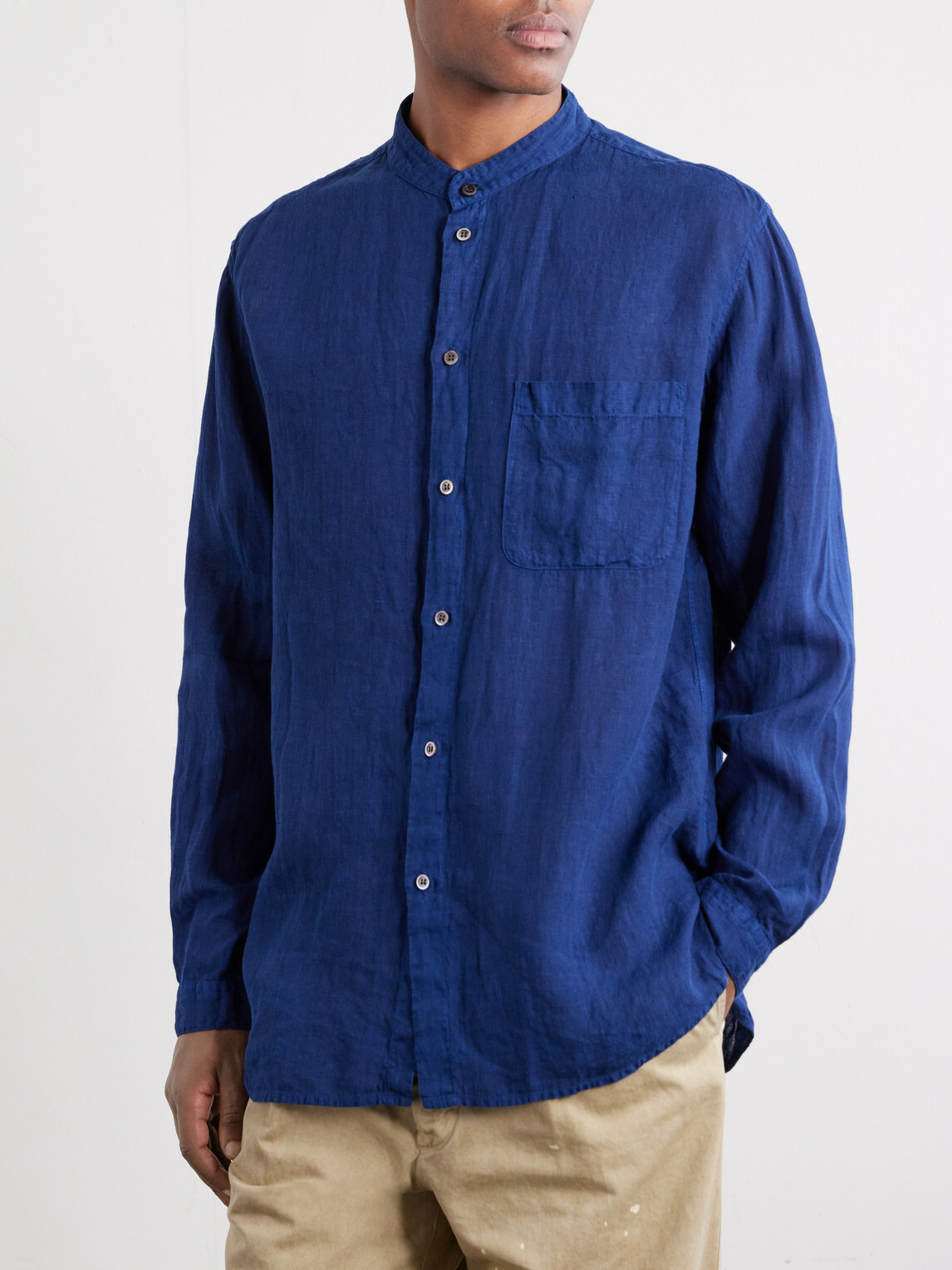 Blue Blue Japan - Grandad-Collar Linen-Chambray Shirt - Blue