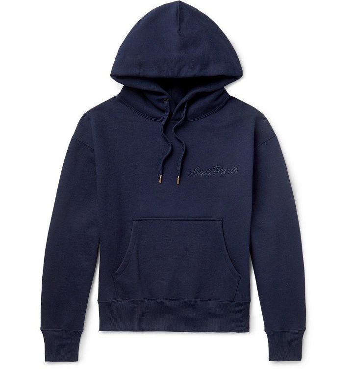 Photo: AMI - Logo-Embroidered Fleece-Back Cotton-Blend Jersey Hoodie - Navy