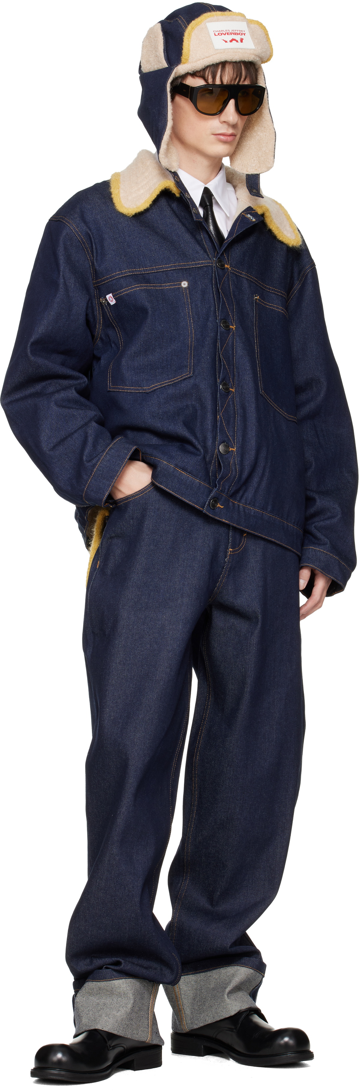 Charles Jeffrey LOVERBOY Navy Knitted Collar Denim Jacket Charles