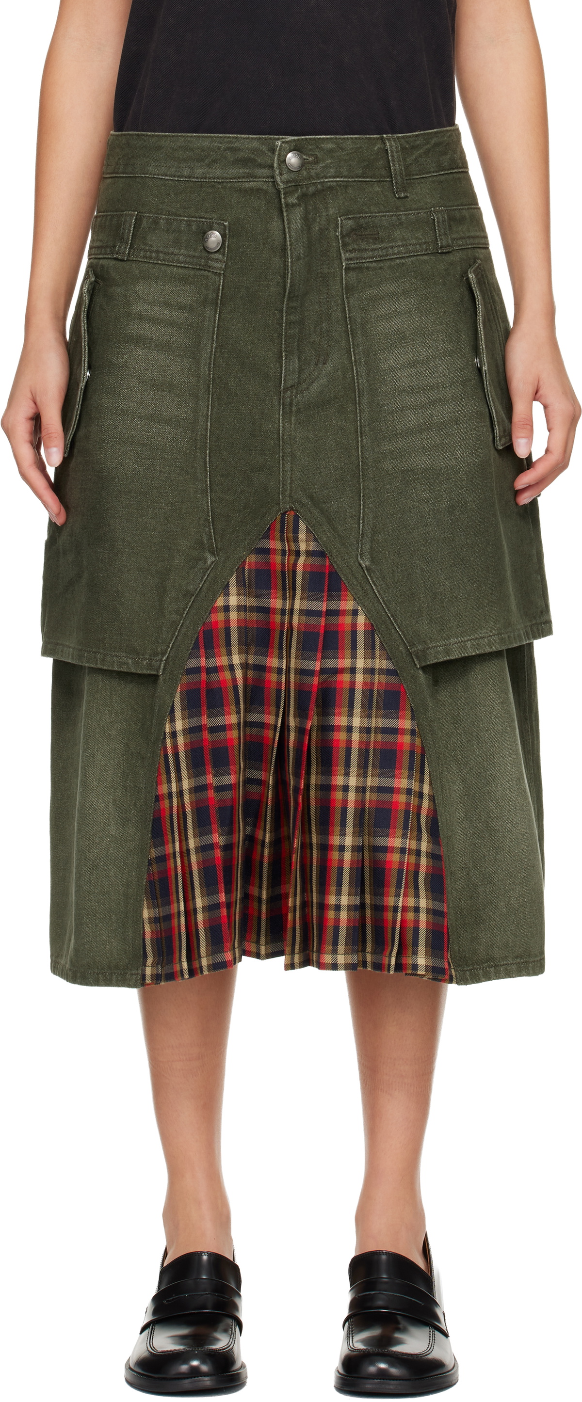Andersson Bell Khaki Raptor Layered Pleats Denim Midi Skirt