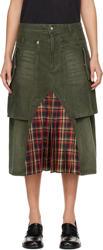 Photo: Andersson Bell Khaki Raptor Layered Pleats Denim Midi Skirt