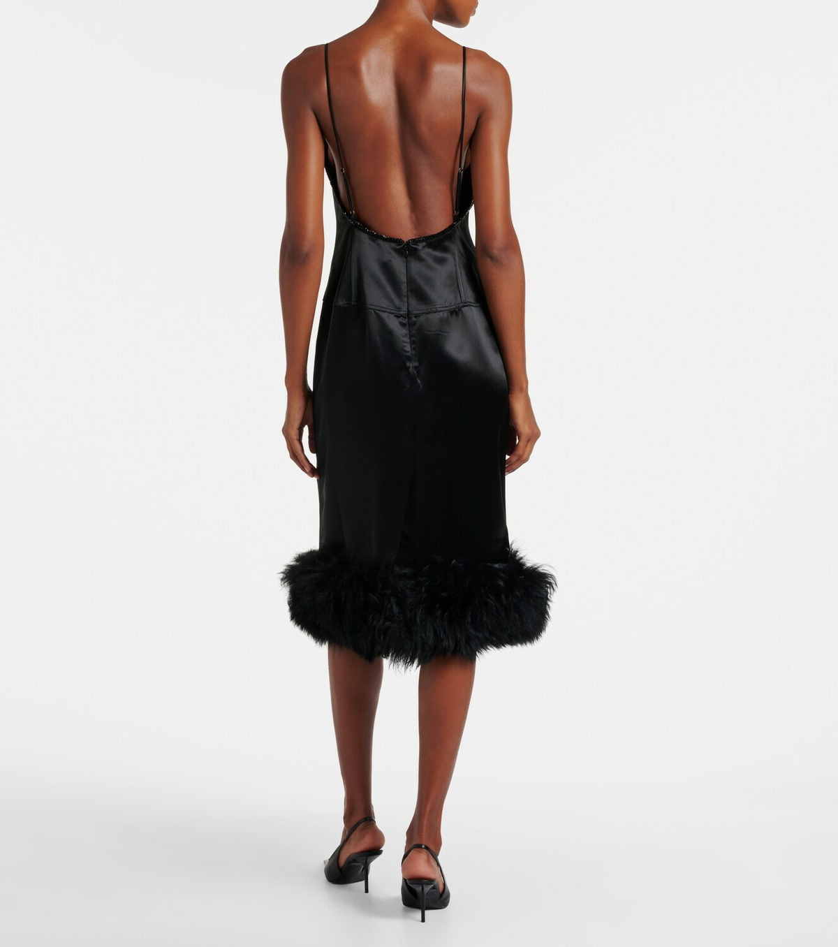 Jacques Wei Shearling-trimmed satin slip dress