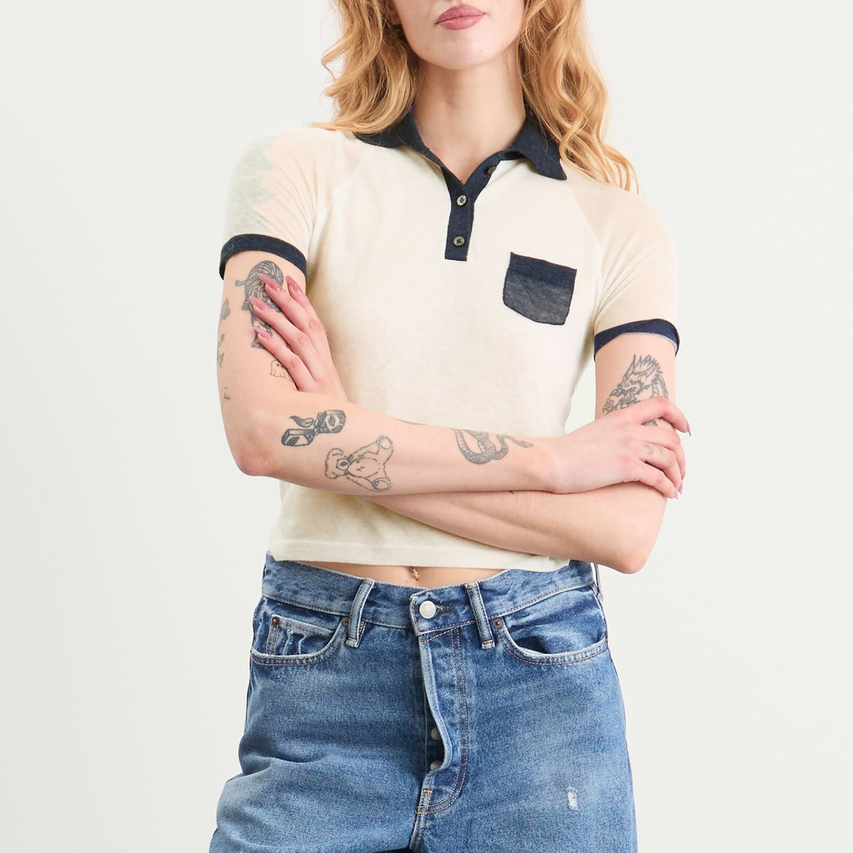 Acne Studios Women's Kout Transparent Polo Top in White/Navy