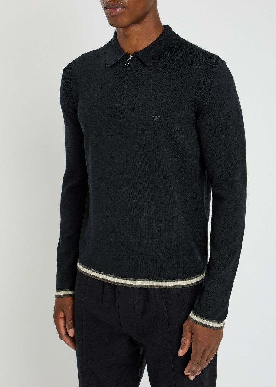 Emporio Armani Half-zip Wool-blend Polo Shirt Navy