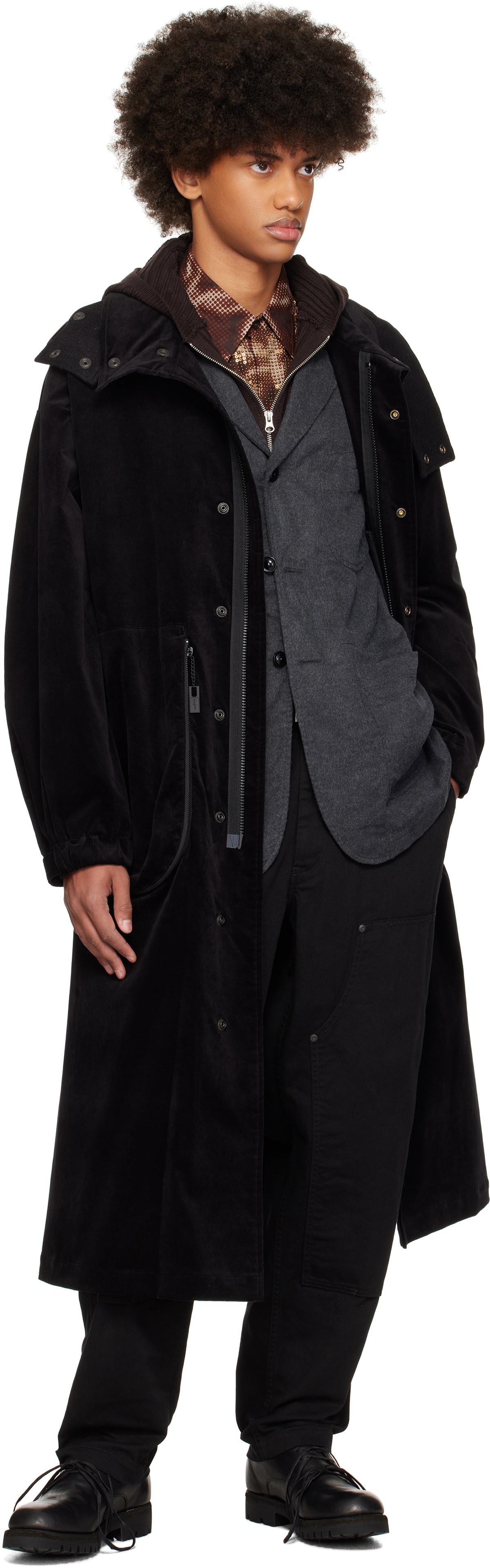 YOHJI YAMAMOTO Black M-Velvet Hooded Coat