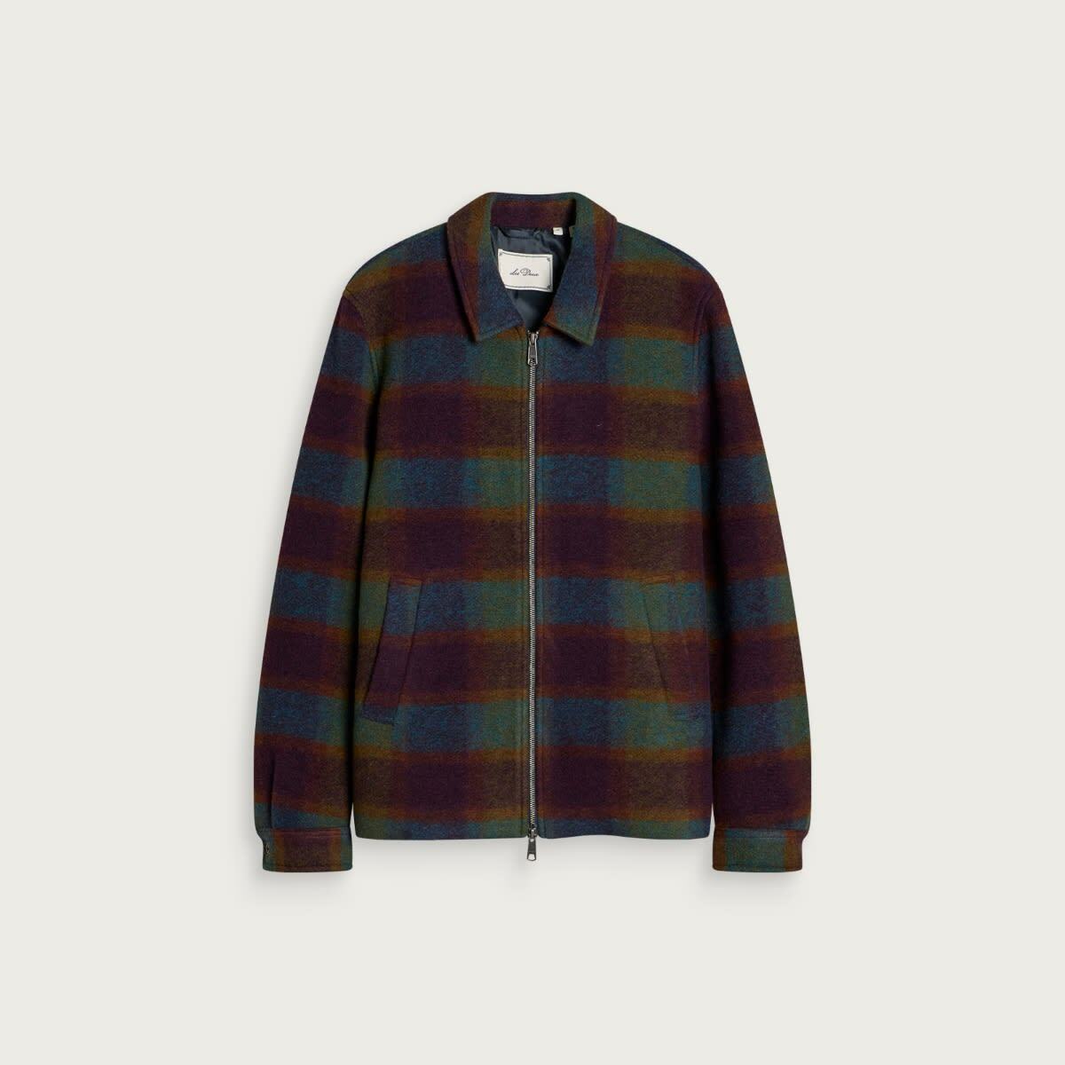 Les Deux Men's Check Wool Zipper Coach Jacket in Rosin Green