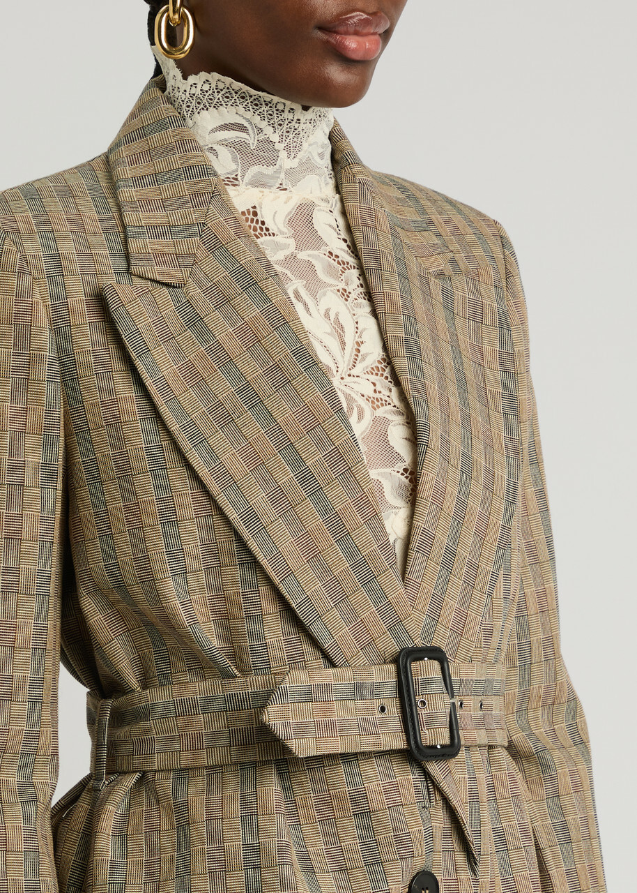 Rabanne Checked Belted Wool Blazer Beige
