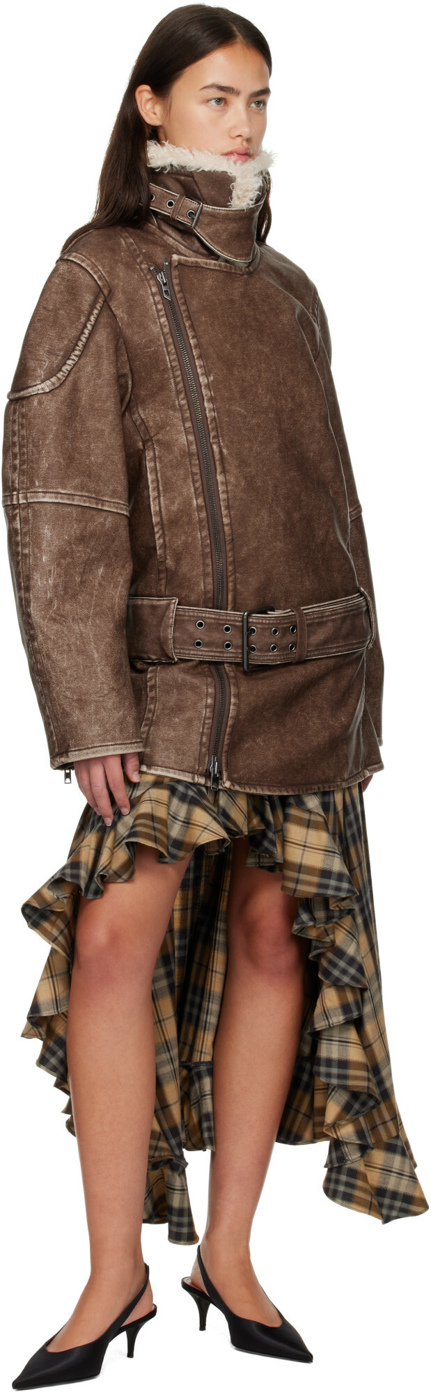 Diesel Brown Double-Breasted Aviator-Biker Coat