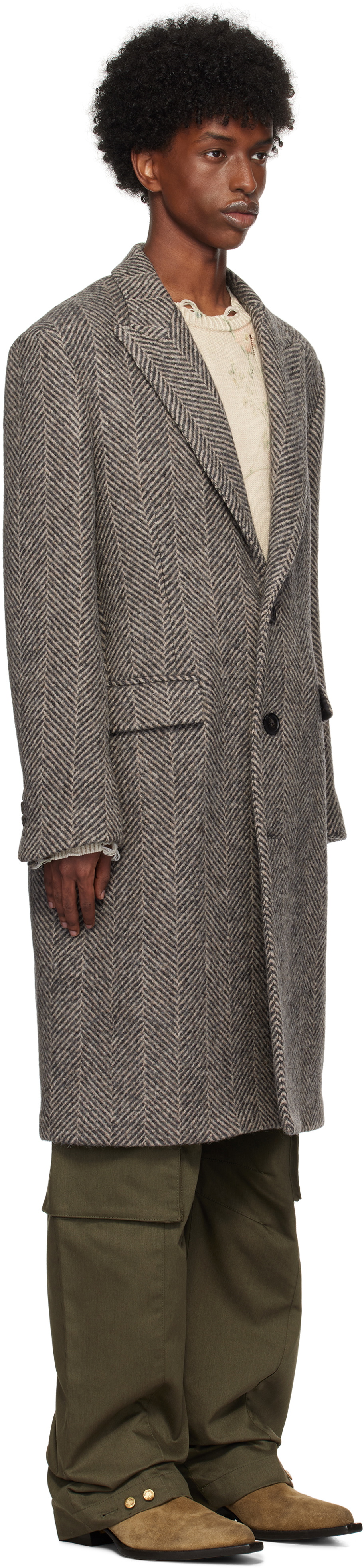 Golden Goose Gray Single-Breasted Wool Herringbone Coat