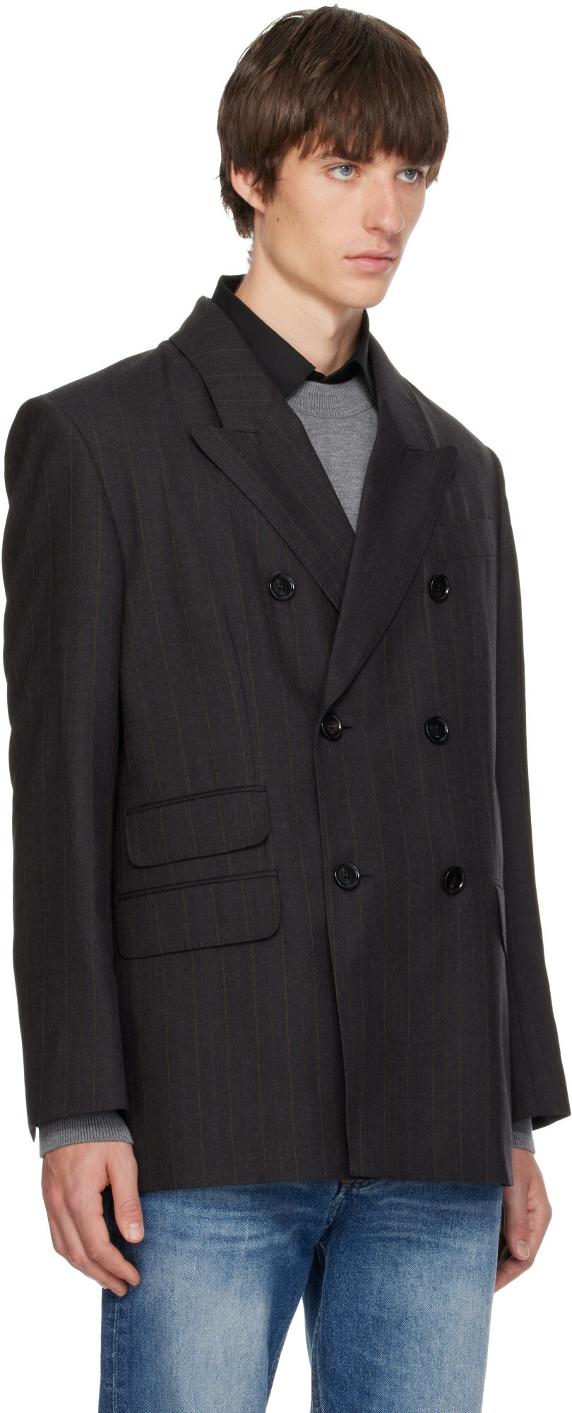 AMI Paris Gray Double-Breasted Striped Wool Blazer