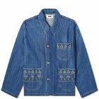 YMC Men's Embroidered Labour Chore Denim Jacket in Washed Indigo