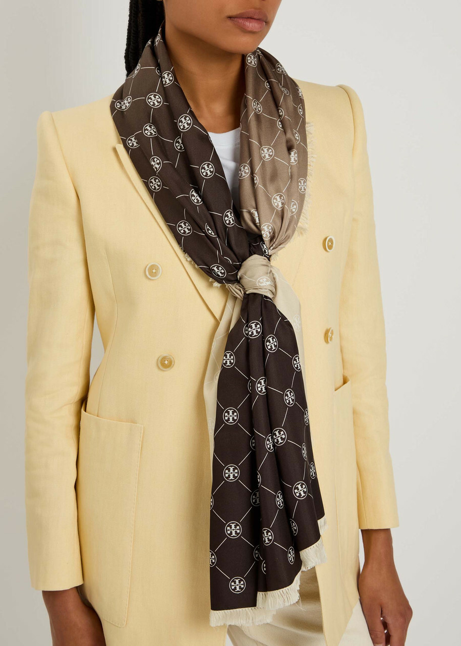 Tory Burch Monogram-print Silk Scarf - Brown - One Size