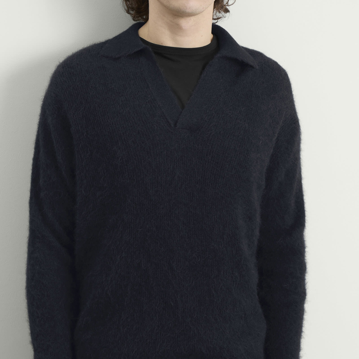 Auralee Men's Baby Suri Alpaca Sheer Knit Skipper Polo in Navy