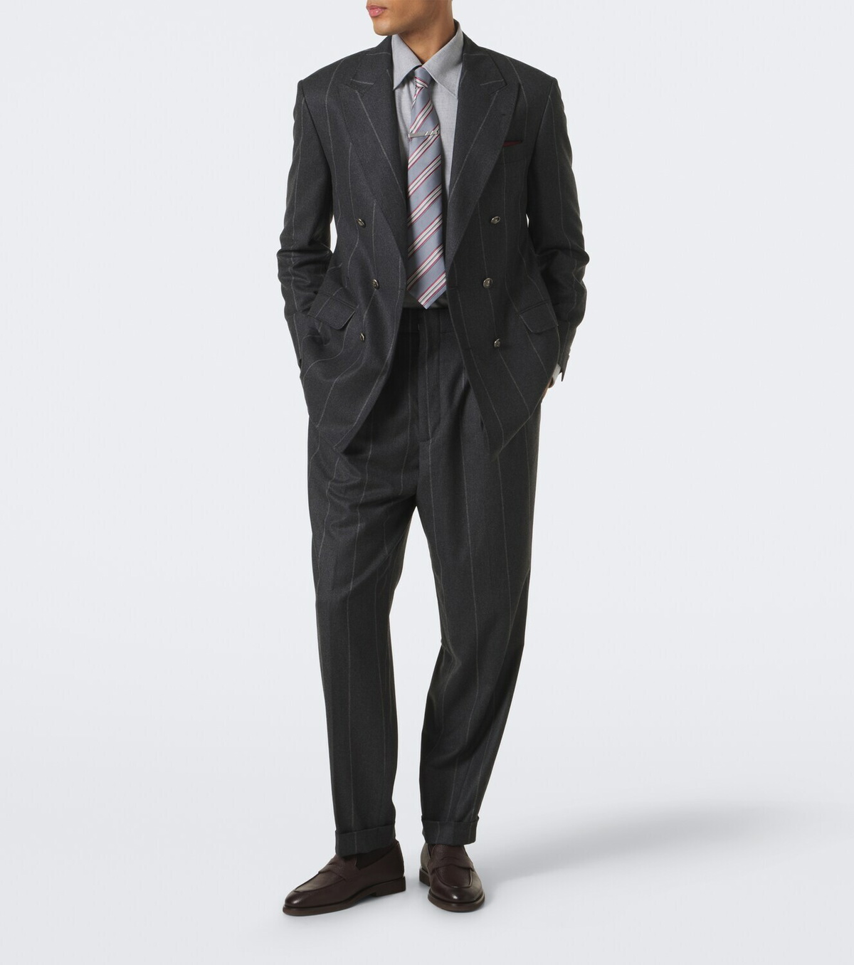 Brunello Cucinelli Chalk stripe wool, silk, and cashmere suit