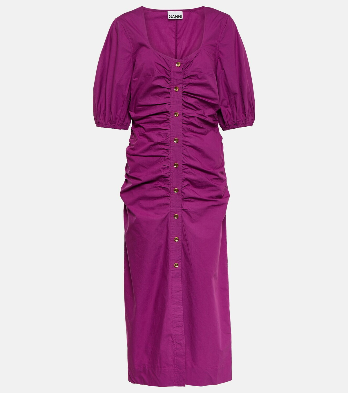 Ganni Ruched cotton poplin midi dress GANNI