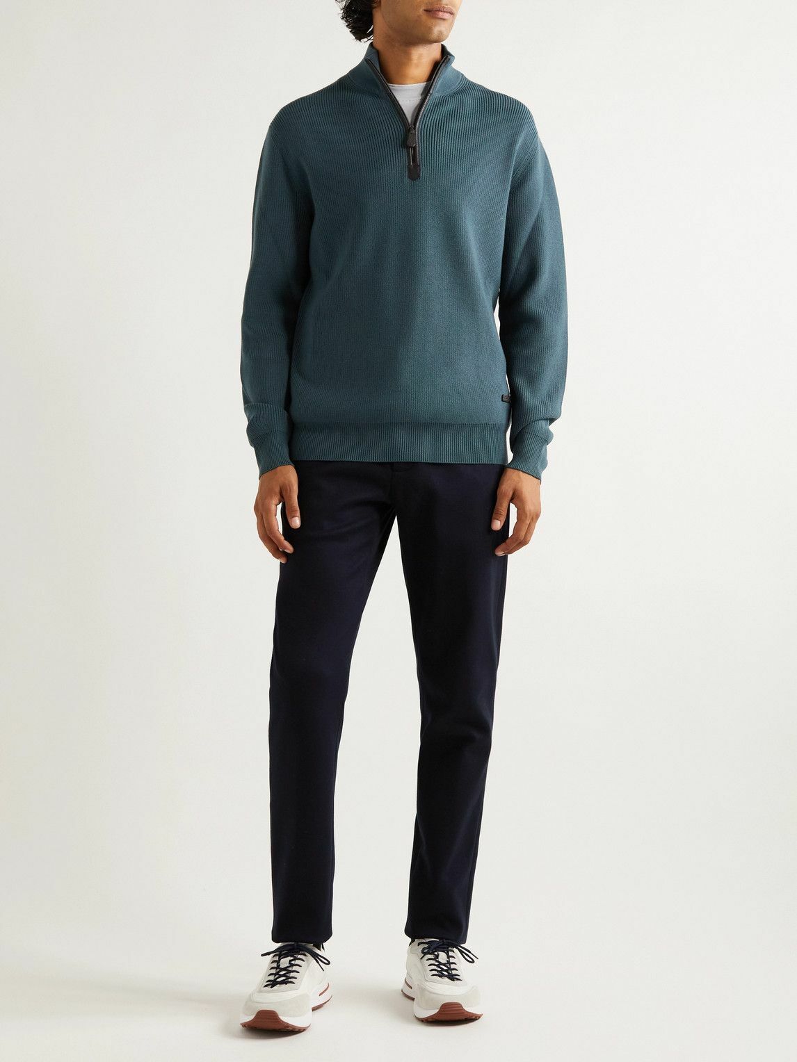 Loro Piana - Leather-Trimmed Ribbed Wool Half-Zip Sweatshirt - Blue ...