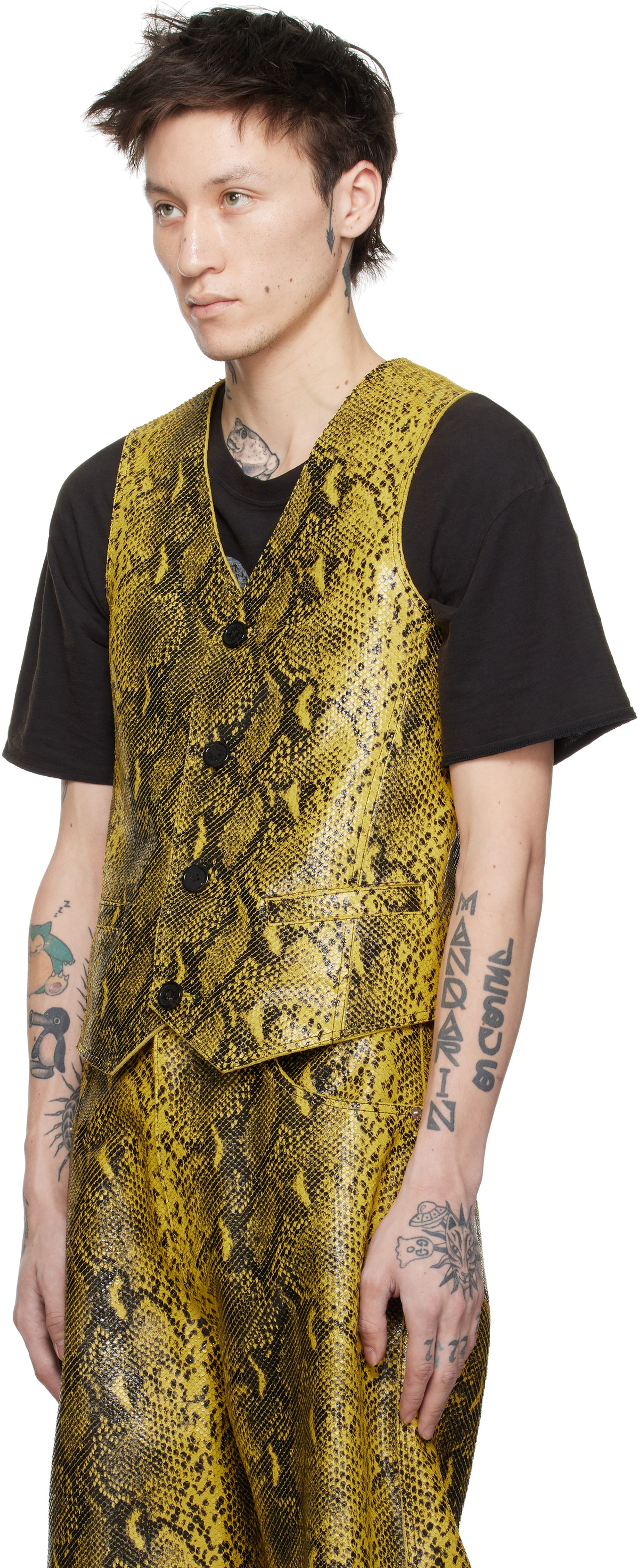 LU'U DAN Black & Yellow 'Year of the Snake' Embossed Leather Vest