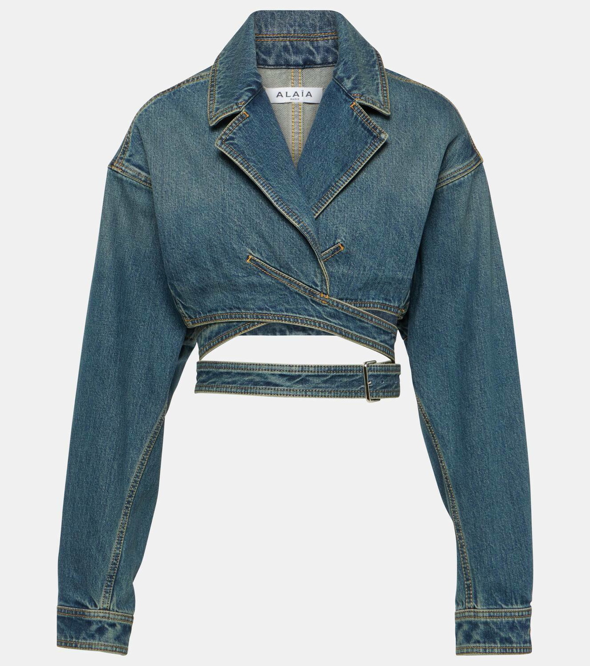 Alaïa Cropped denim wrap jacket ALAÏA