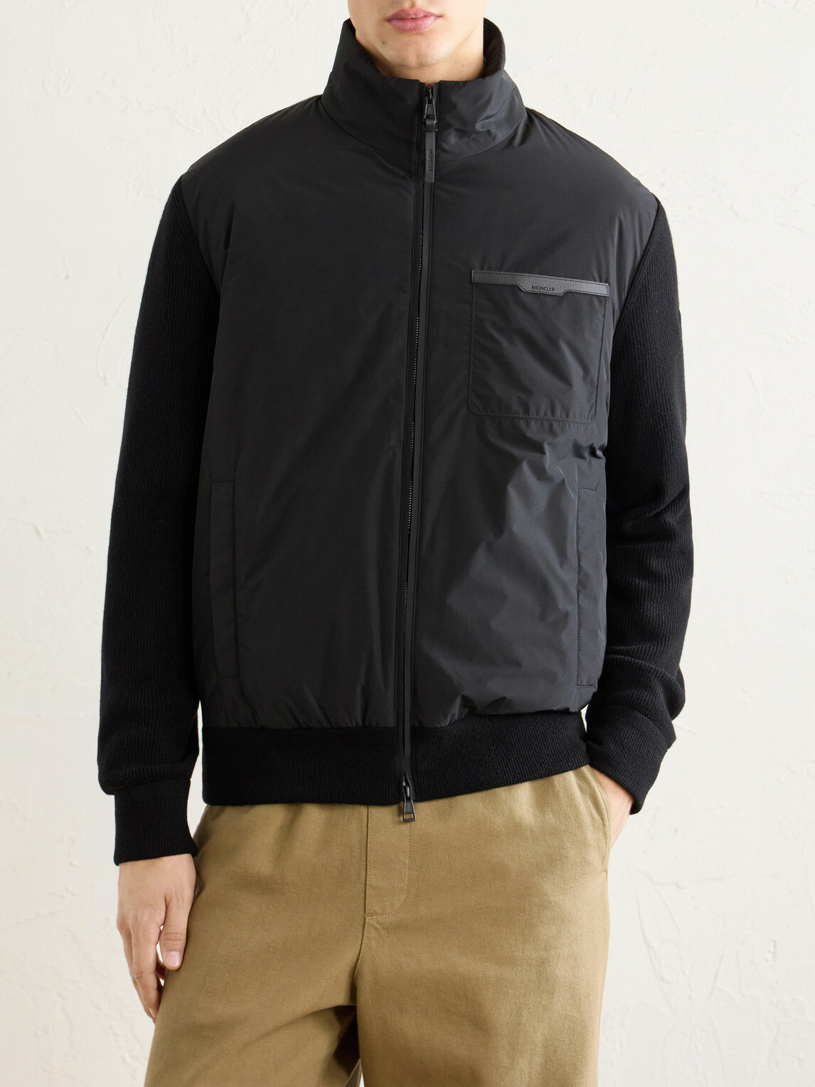 Moncler - Leather-Trimmed Shell and Wool-Blend Full-Zip Cardigan - Black