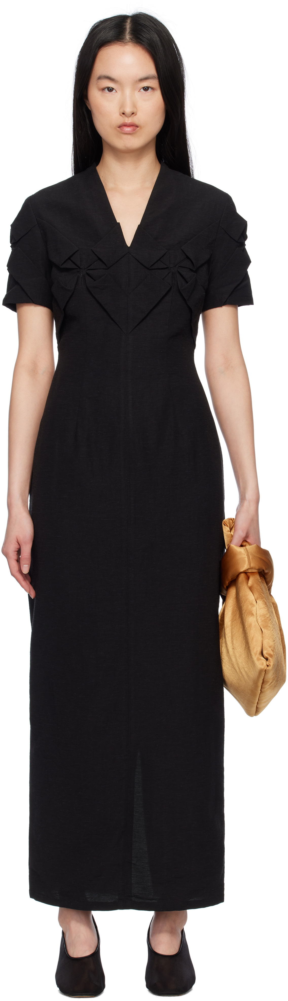 J.Kim Black Smocked Flower Midi Dress