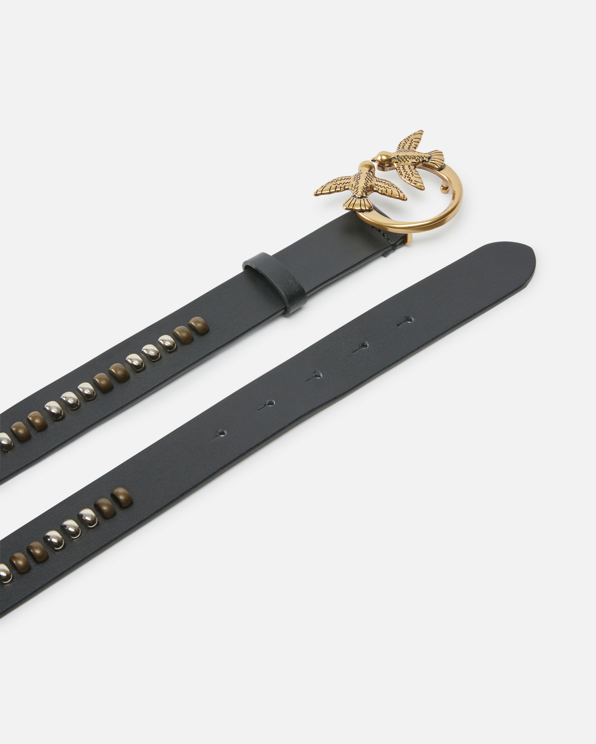 Pinko Leather Belt With Studded Birds Buckle Black Antique Gold