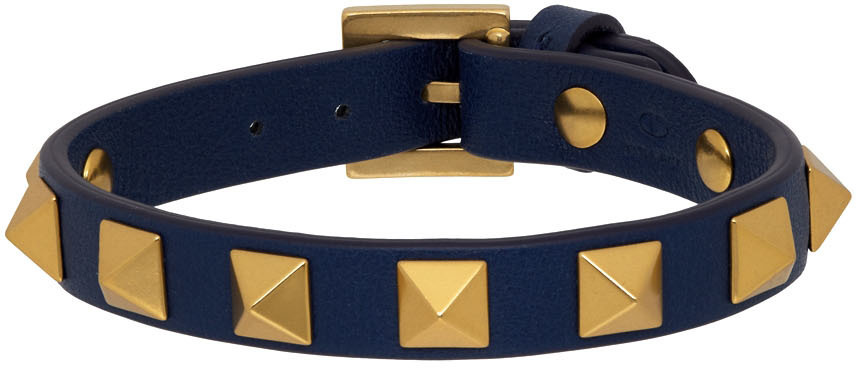 Valentino Garavani Navy Leather Studded Bracelet