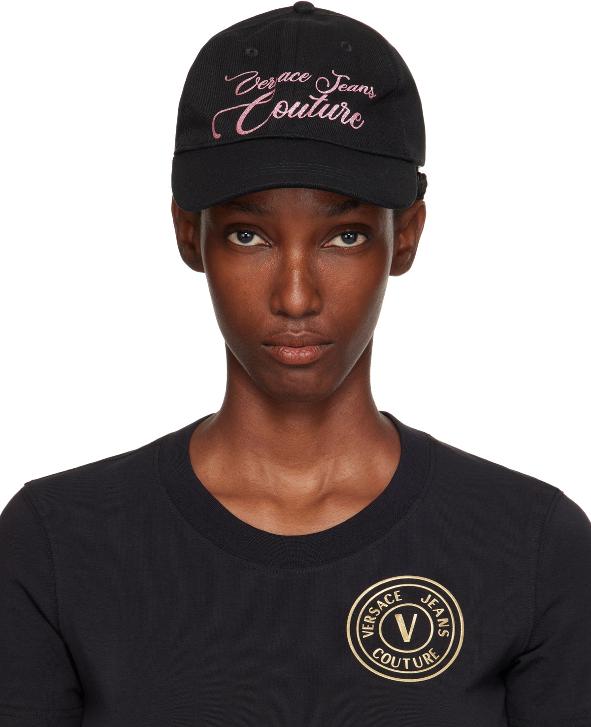 Versace Jeans Couture Black Cotton Logo Glitter Baseball Cap