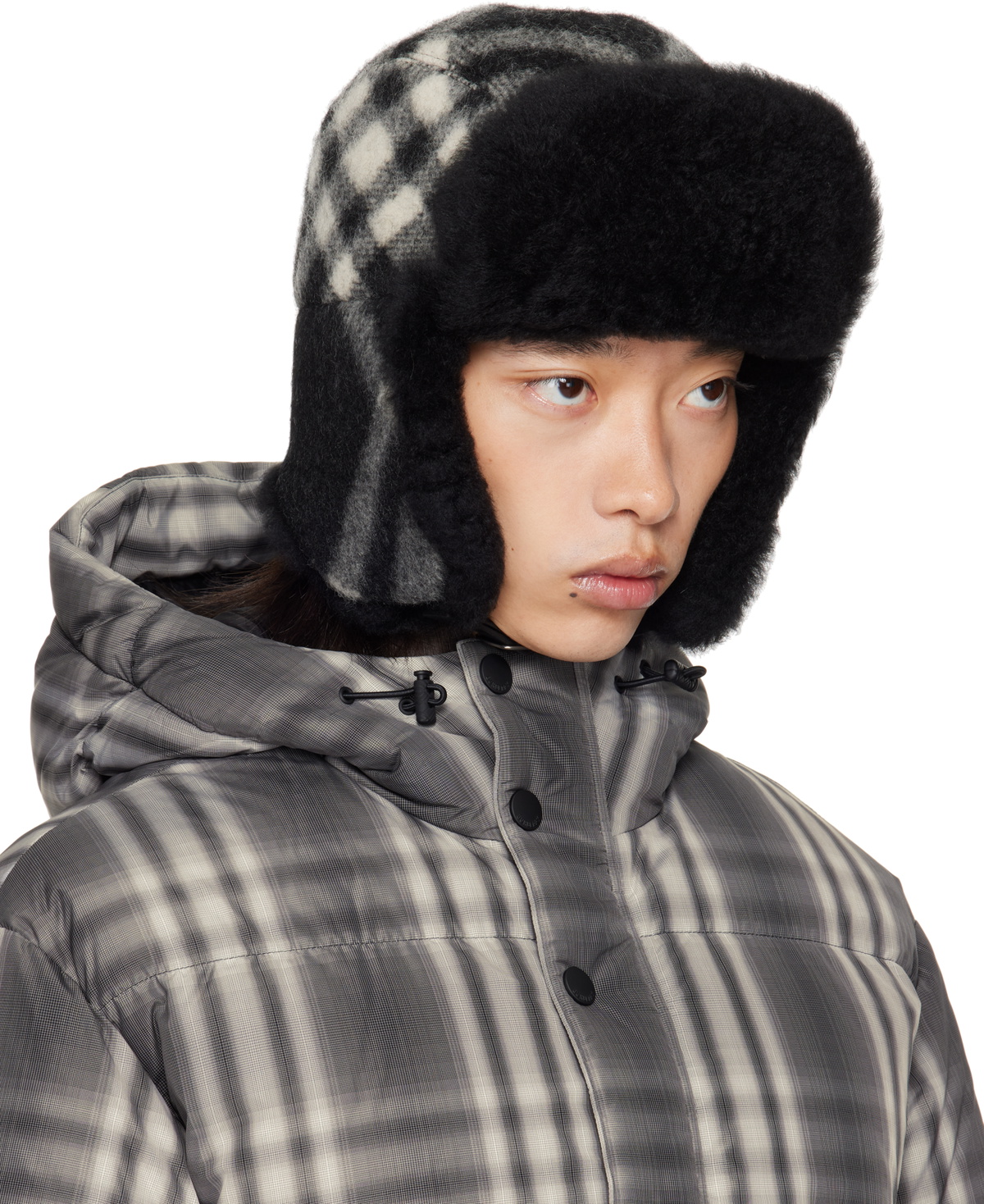 Burberry Black & Off-White Check Wool Trapper Hat