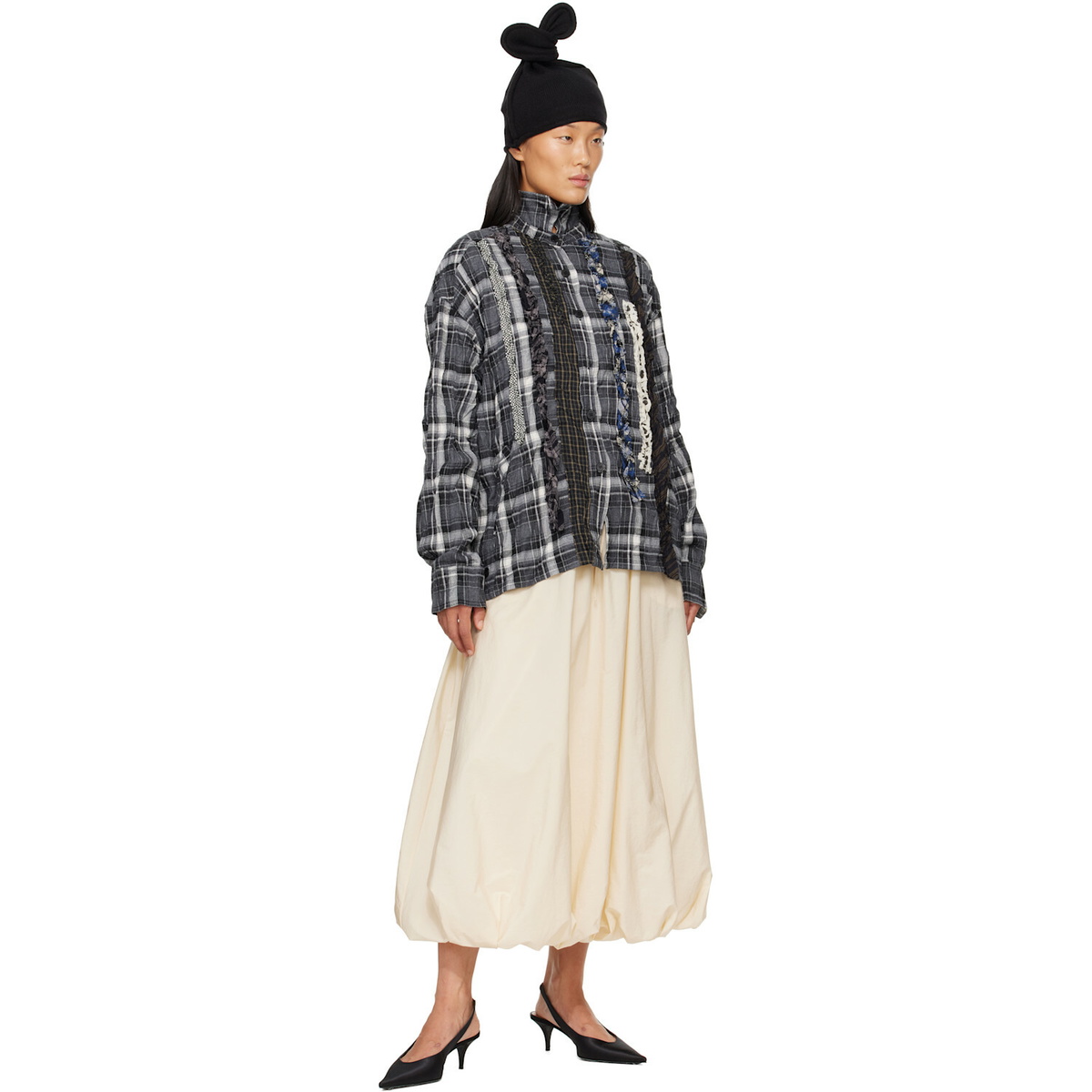 OPEN YY Black Checkered Crinkle Ruffle Shirt