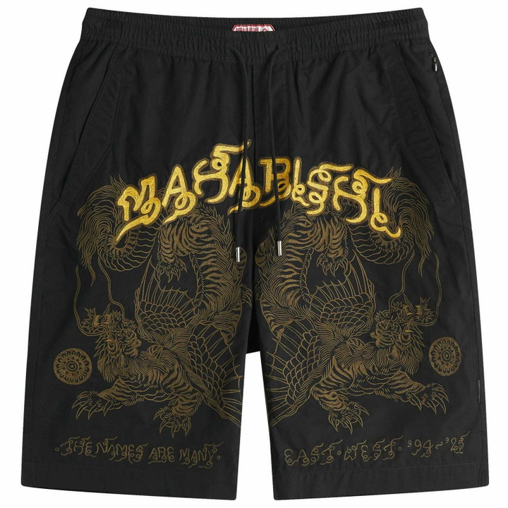 Photo: Maharishi Men's Muay Thai Embroidered Tiger Dragon Shorts in Black