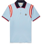 Gucci - Appliquéd Striped Cotton-Blend Piqué Polo Shirt - Men - Sky blue