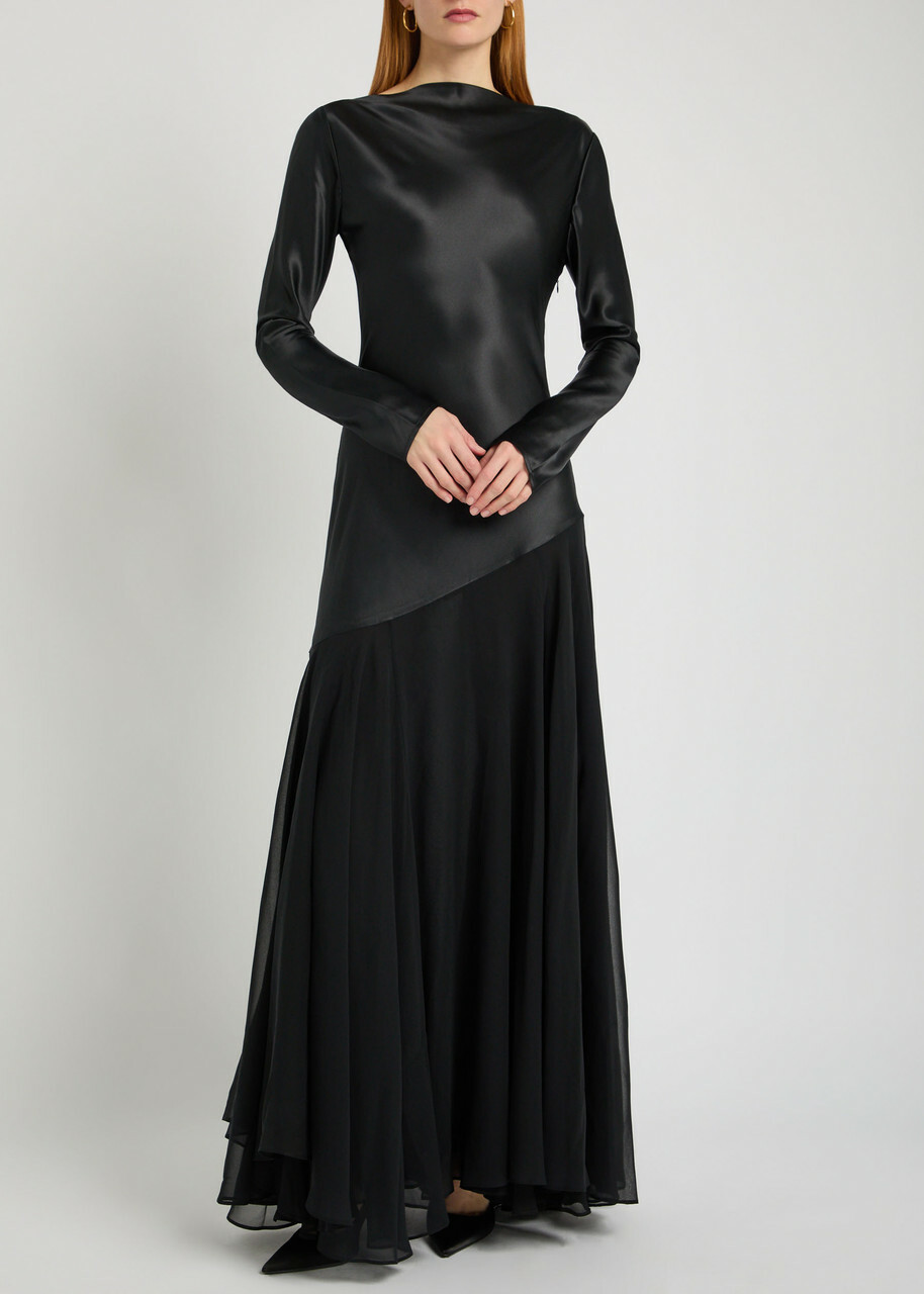 Tove Cordelia Asymmetric Silk Maxi Dress Black