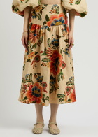 Farm Rio Delicate Garden Printed Linen Midi Skirt Cream