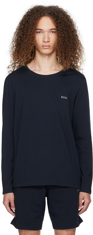 Photo: BOSS Navy Embroidered Long Sleeve T-Shirt