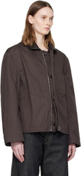 LEMAIRE Brown Leather Collar Cotton Twill Blouson Jacket