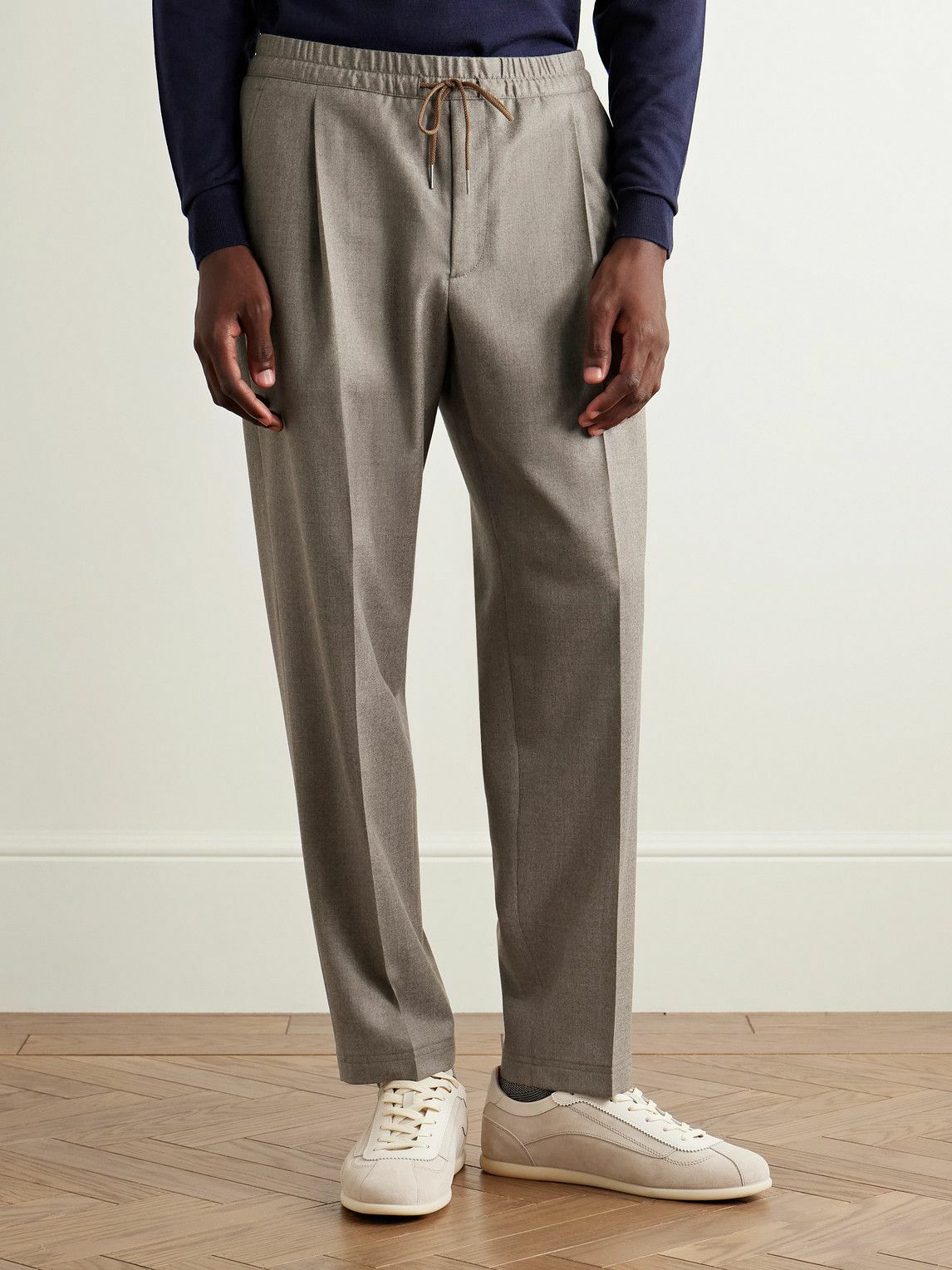 Caruso - Slim-Fit Pleated Wool Drawstring Trousers - Brown