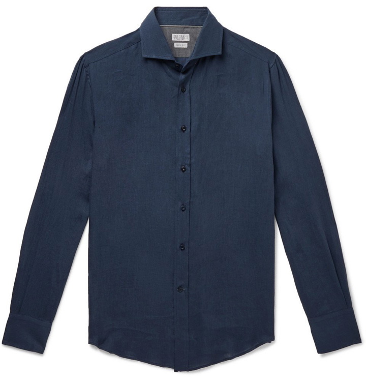 Photo: Brunello Cucinelli - Slim-Fit Cutaway-Collar Linen Shirt - Navy