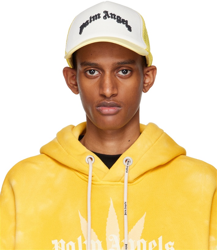 Photo: Palm Angels White & Yellow Curved Logo Trucker Cap