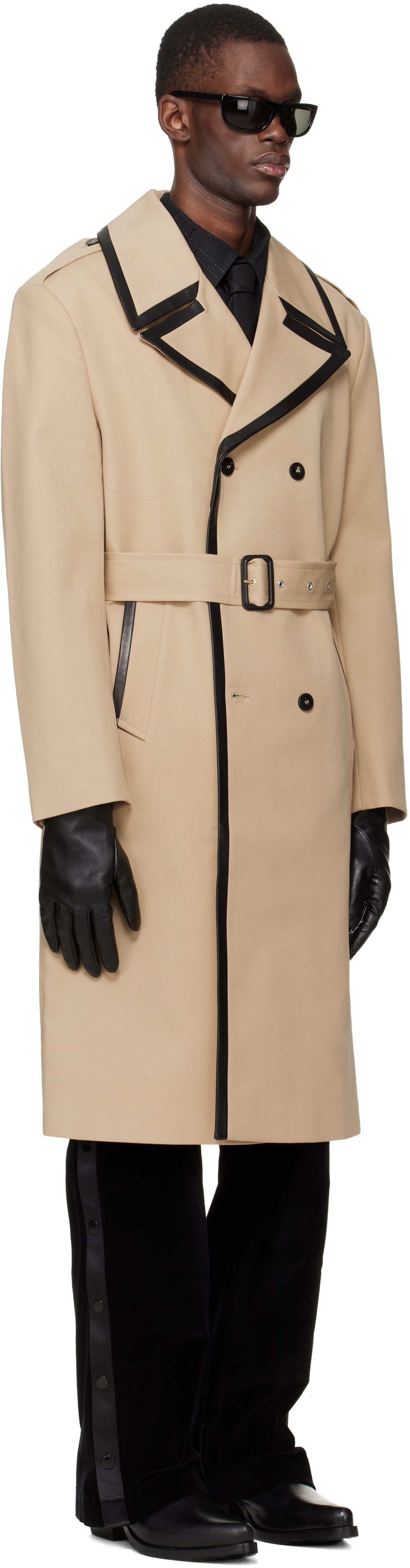 Ernest W. Baker Beige Leather Trim Trench Coat