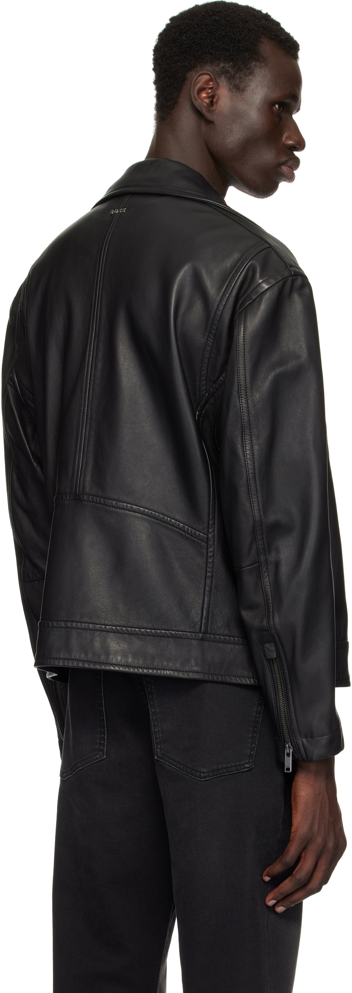 BOSS Black Zip Pocket Leather Biker Jacket