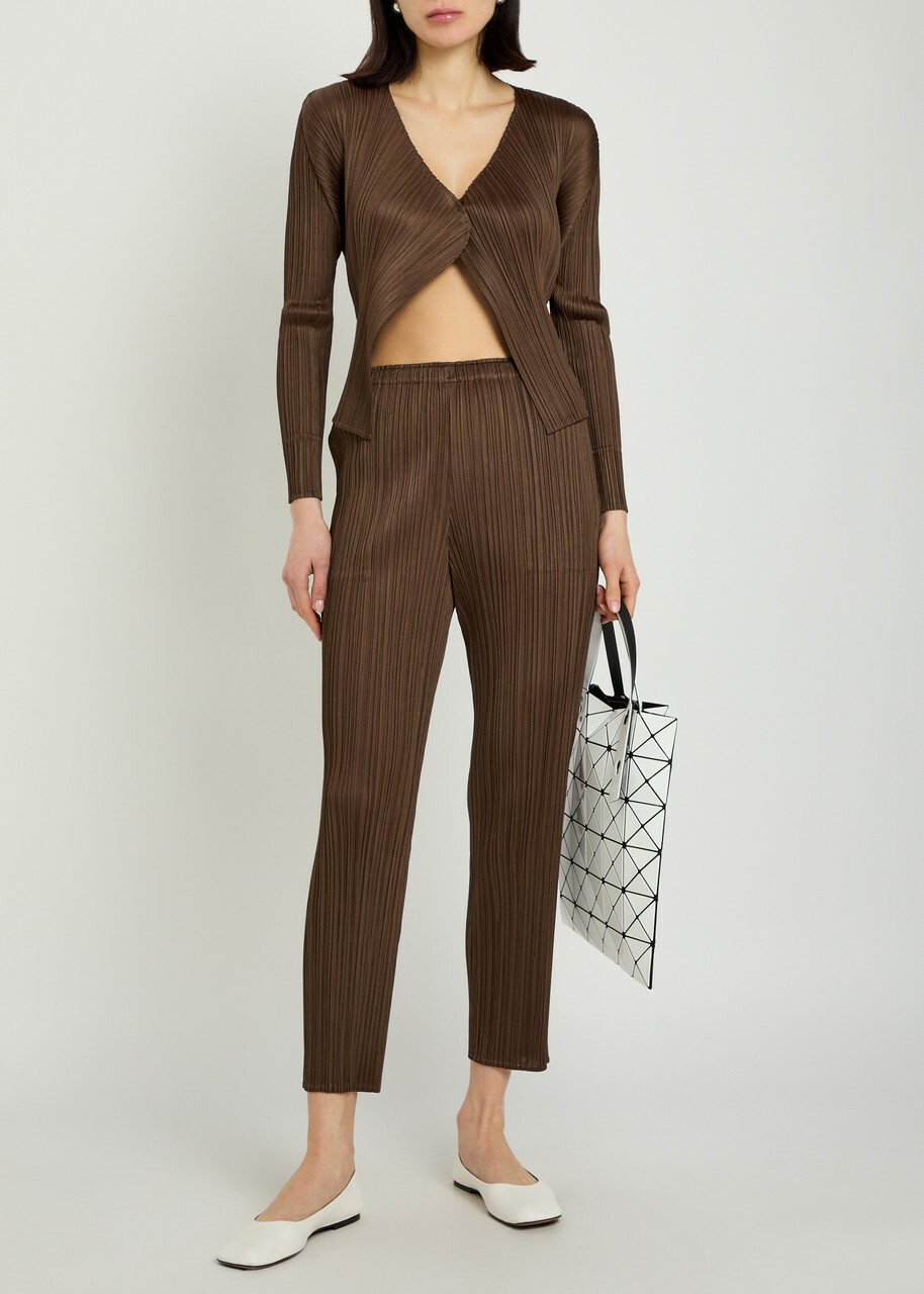 Pleats Please Issey Miyake Pleated Tapered-leg Woven Trousers Brown