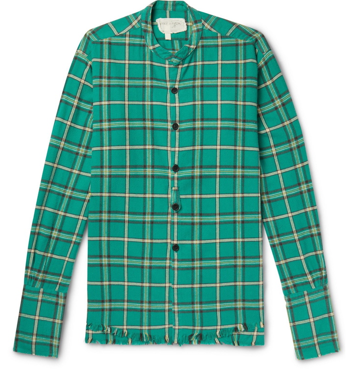 Photo: Greg Lauren - Grandad-Collar Distressed Checked Cotton-Flannel Shirt - Green